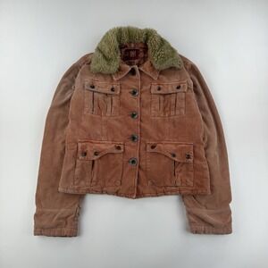 Y2K J&CO Corduroy Jacket Womens M Orange Sherpa Collar Button Front Coat Pockets